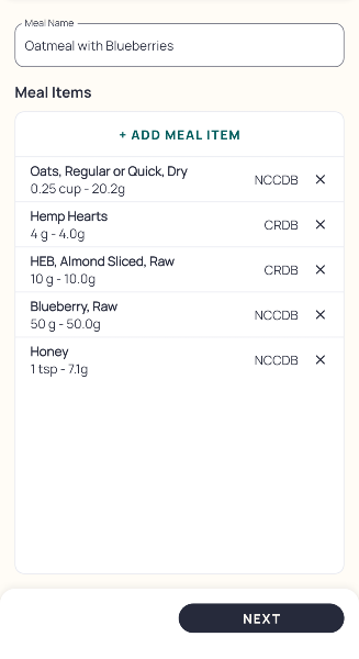 Example of my oatmeal recipe in Cronometer. I can simply log this item instead of individually adding the 5 ingredients.